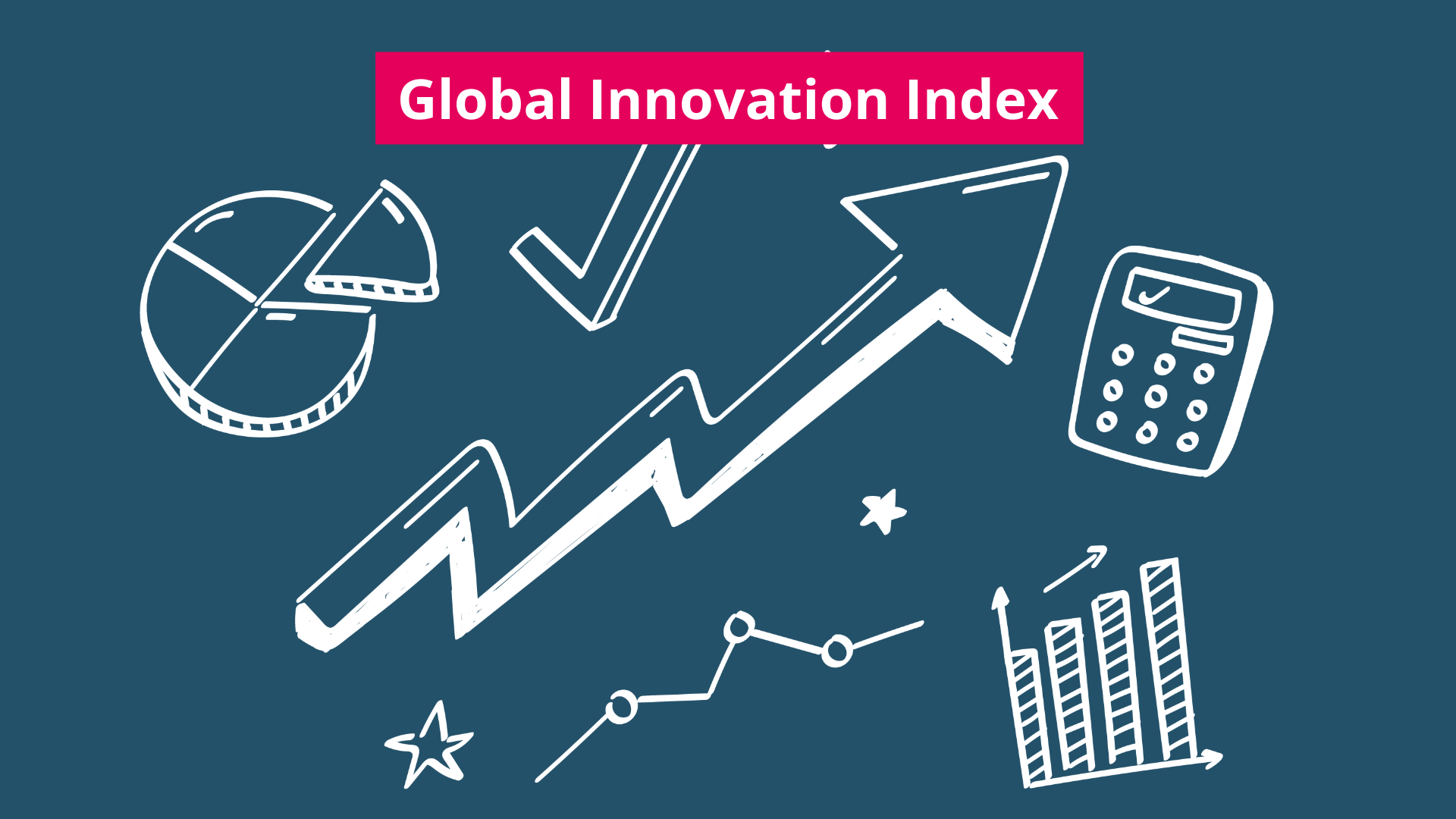 Grafik mit dem Titel 'Global Innovation Index' zeigt ein Tortendiagramm, ein Häkchen, einen nach oben zeigenden Pfeil, einen Taschenrechner, eine Sternform, eine Liniendiagrammkurve und ein Balkendiagramm.