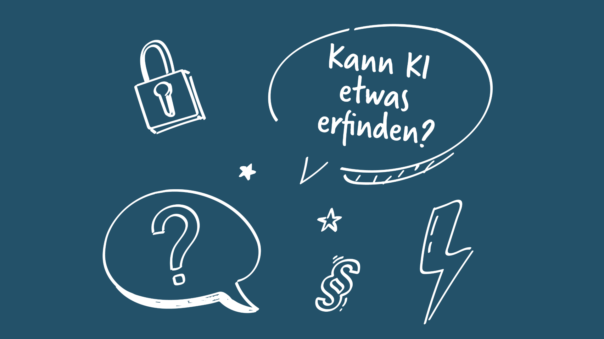 2 Sprechblasen, eine mit dem Inhalt "Kann KI etwas erfinden", die andere mit einem großen Fragezeichen. Daneben ein Schloss, Sterne, ein Paragrafenzeichen und ein Blitz.