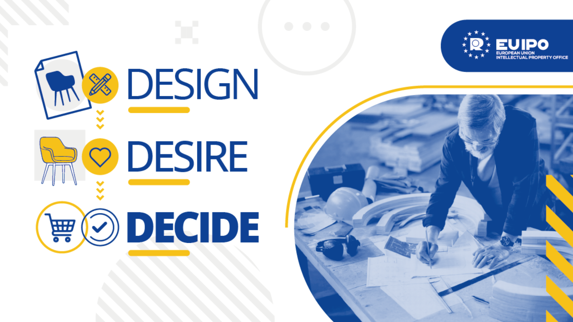 Grafik mit den Worten 'DESIGN', 'DESIRE' und 'DECIDE' neben Symbolen für Stuhl, Herz und Einkaufswagen sowie einem Foto einer Person, die an einem Tisch mit Papieren arbeitet